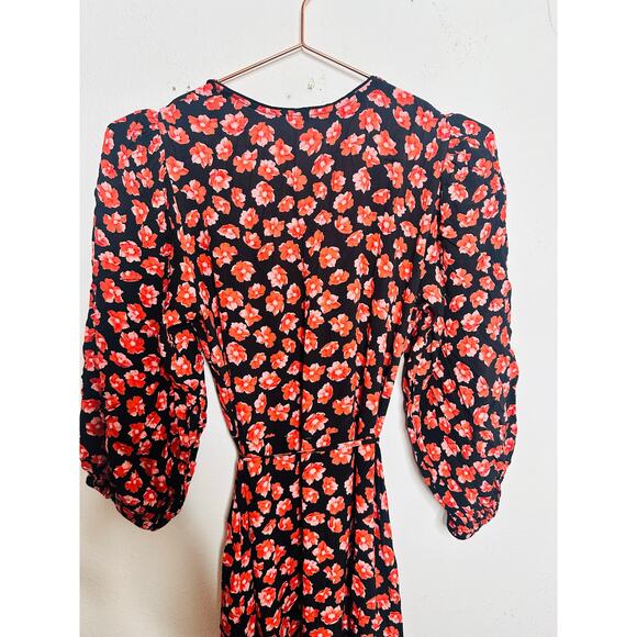 GANNI Red Black Floral Wrap Puff Sleeves V-Neckline Midi Dress size 36 - Picture 9 of 16